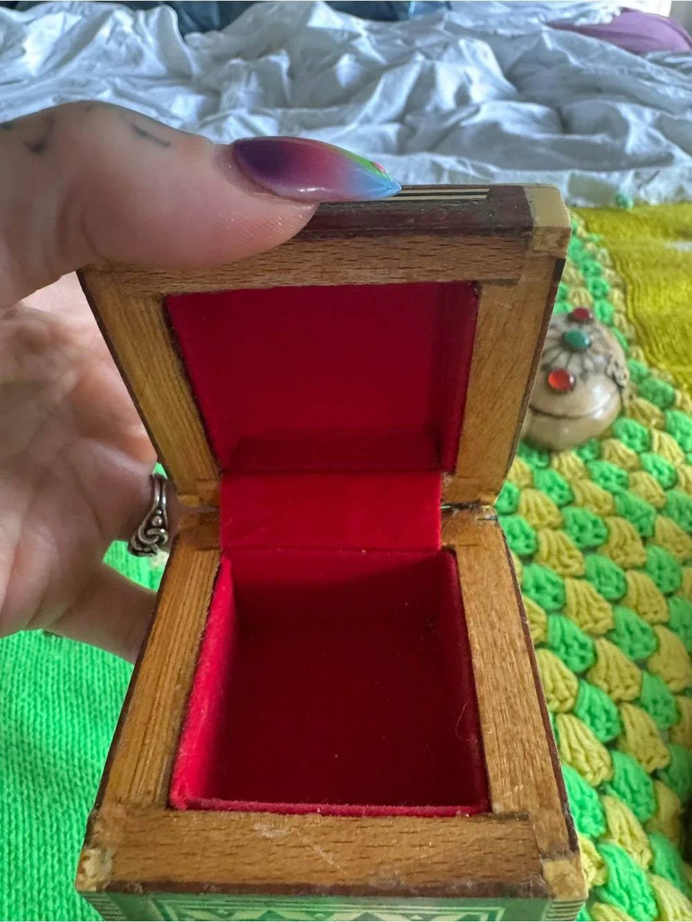 Vintage Wood and bone Trinket Box with Mother of Pearl Inlay